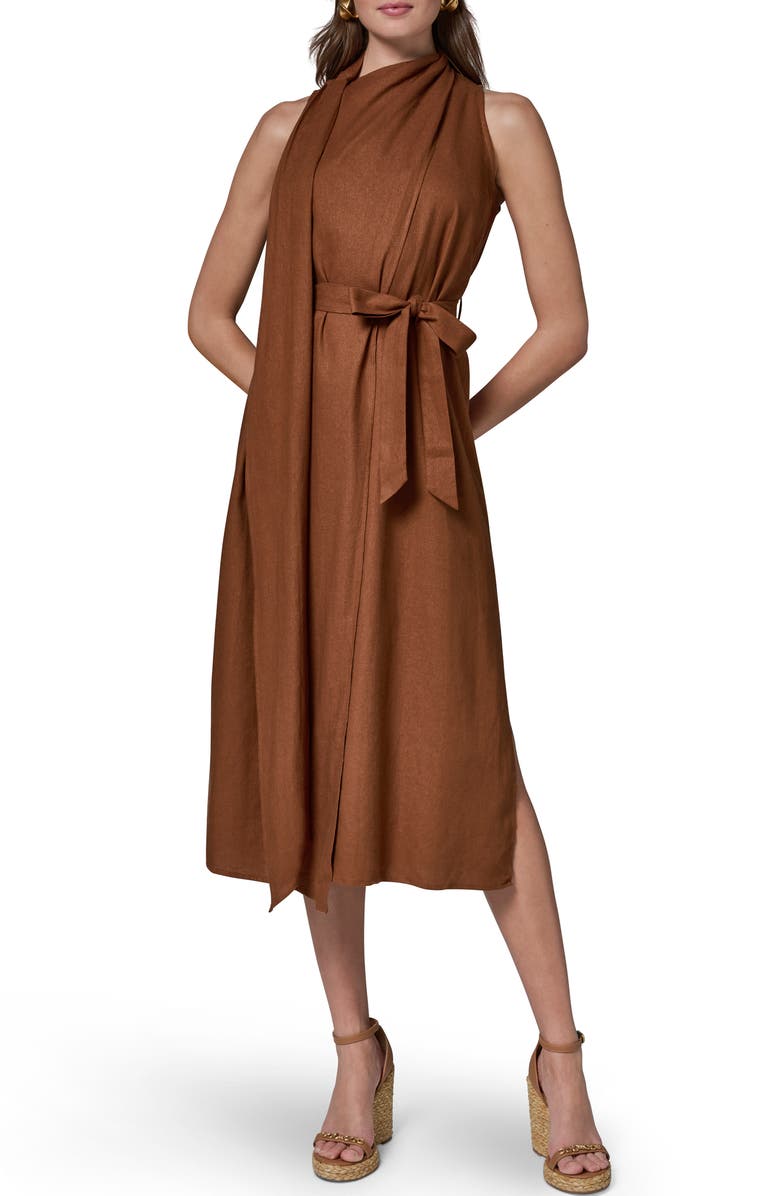 DONNA KARAN WEEKEND Sleeveless Linen Blend Midi Dress, Main, color, Cognac