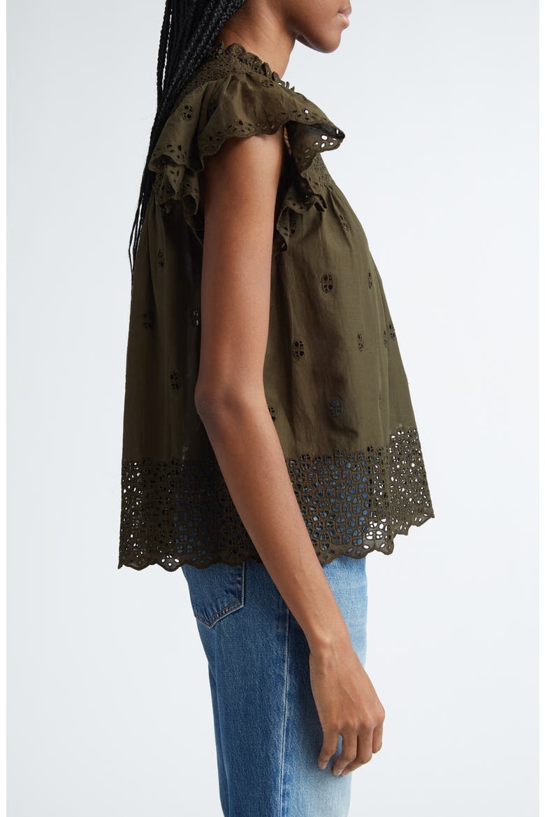 Kassi Eyelet Flutter Sleeve Cotton Top, Alternate, color, MILITAIRE
