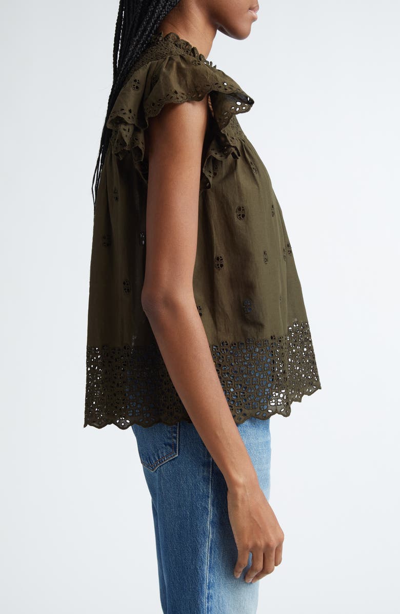 Ulla Johnson Kassi Eyelet Flutter Sleeve Cotton Top, Alternate, color, Militaire