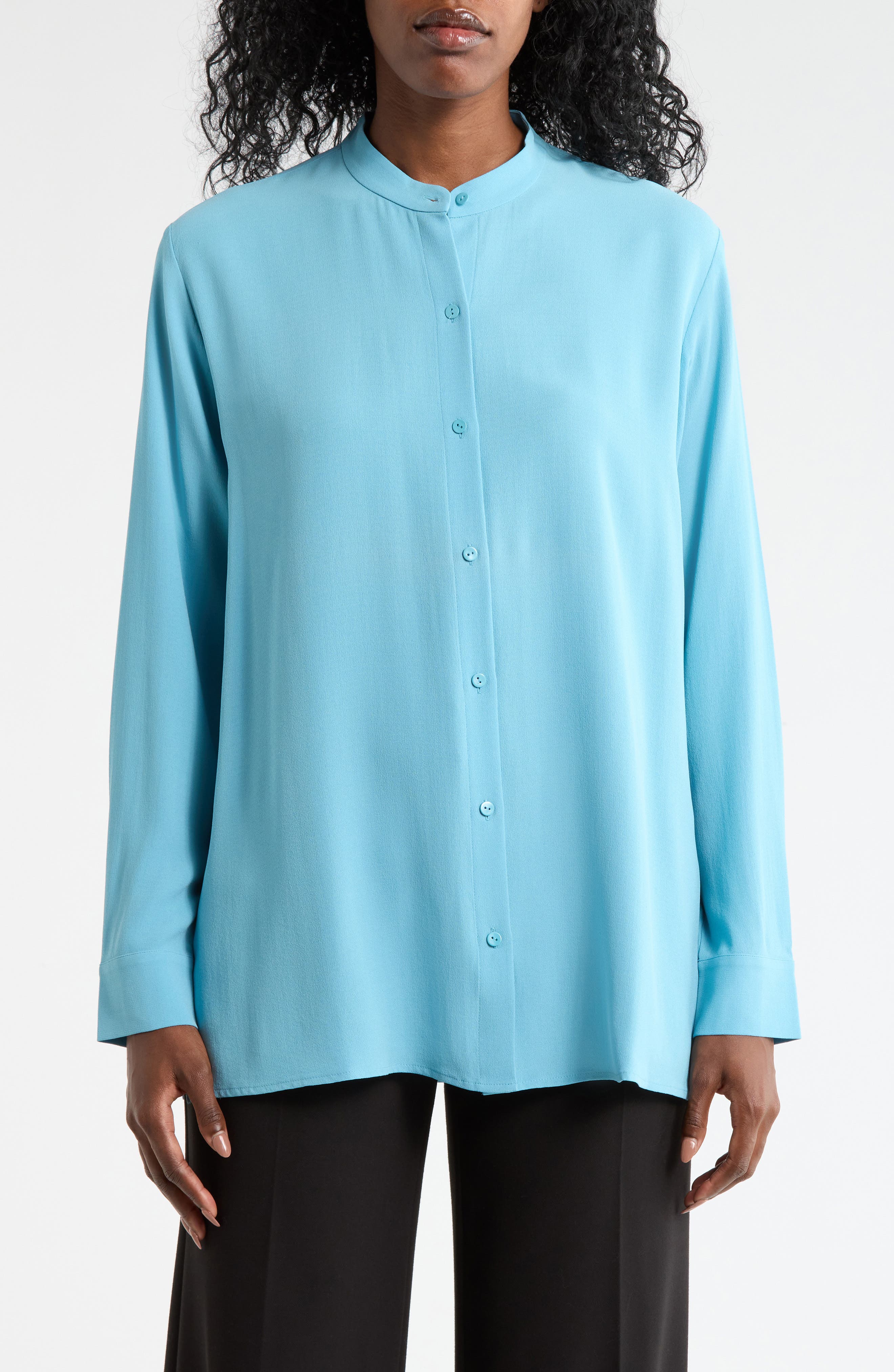 Eileen Fisher Band Collar Silk Button-Up Shirt