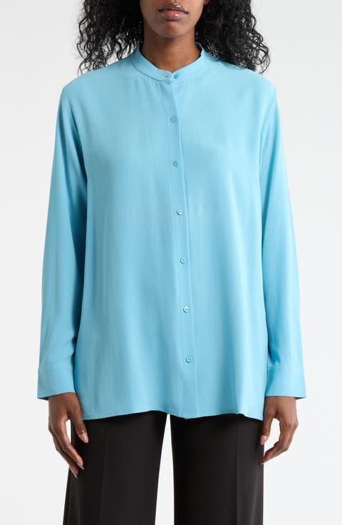 Band Collar Silk Button-Up Shirt