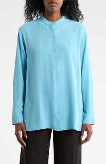 Eileen Fisher Band Collar Silk Button-Up Shirt
