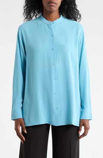 Eileen Fisher Band Collar Silk Button-Up Shirt