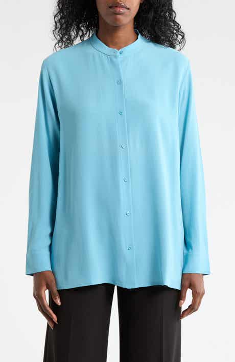 Eileen Fisher Band Collar Silk Button-Up Shirt