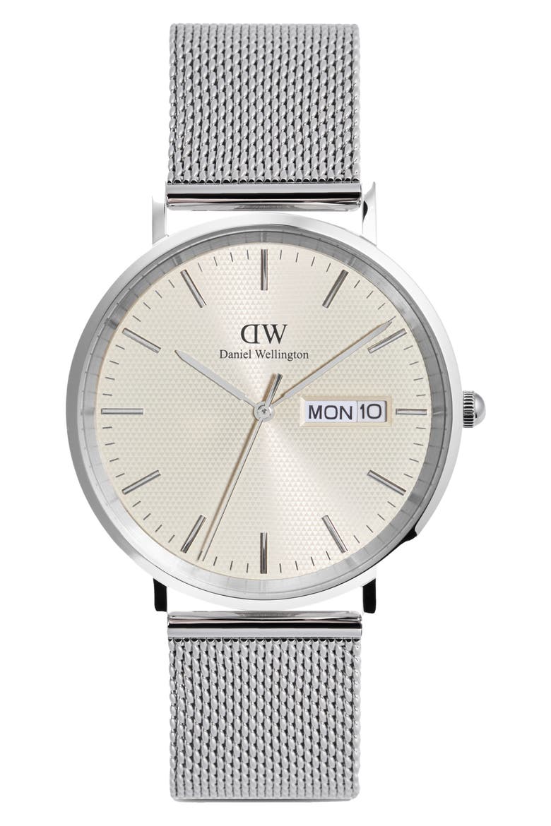 Classic Day Display Sterling Mesh Strap Watch, 40mm, Main, color, SILVER