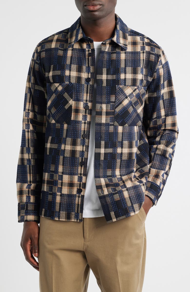 Wax London Whiting Glitch Check Overshirt, Main, color, Natural / Navy