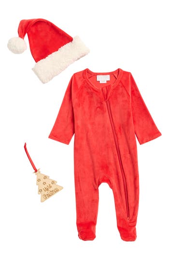 Toby Velvet Footie, Santa Hat & Ornament Set In Red