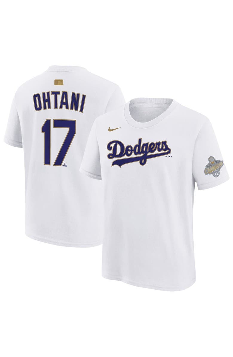 Nike Youth Nike Shohei Ohtani White Los Angeles Dodgers 2026 Gold Collection Name & Number T-Shirt, Main, color, White