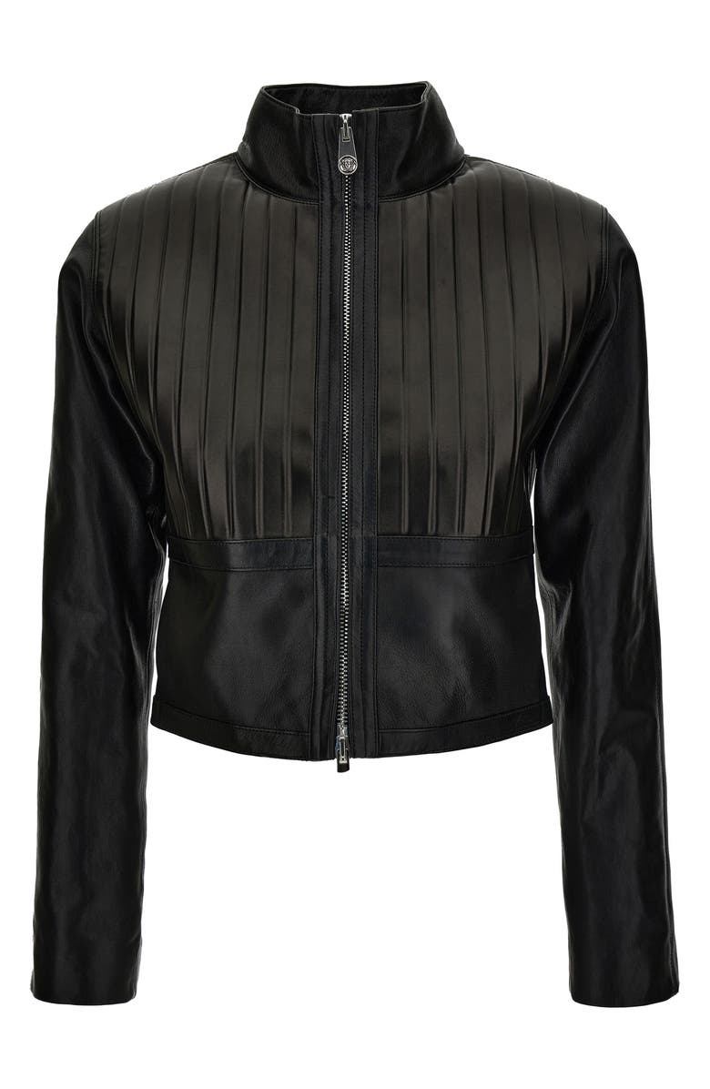 Versace Crop Plonge Leather Jacket, Alternate, color, Black