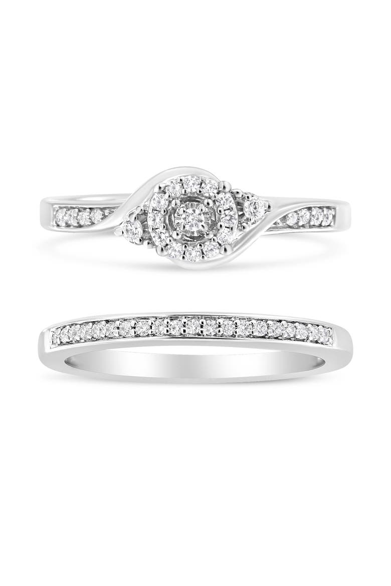 Silver 1/4 Cttw Diamond Halo and Swirl Engagement Ring and Wedding Band Set, Alternate, color, White