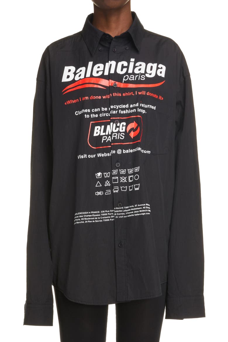 Dry Cleaning Logo Oversize Poplin Button-Down Shirt, Main, color, BLACK