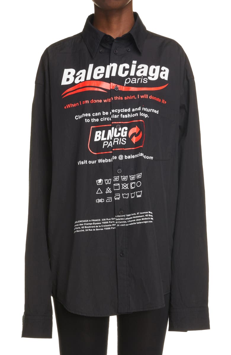 Balenciaga Dry Cleaning Logo Oversize Poplin Button-Down Shirt, Main, color, 