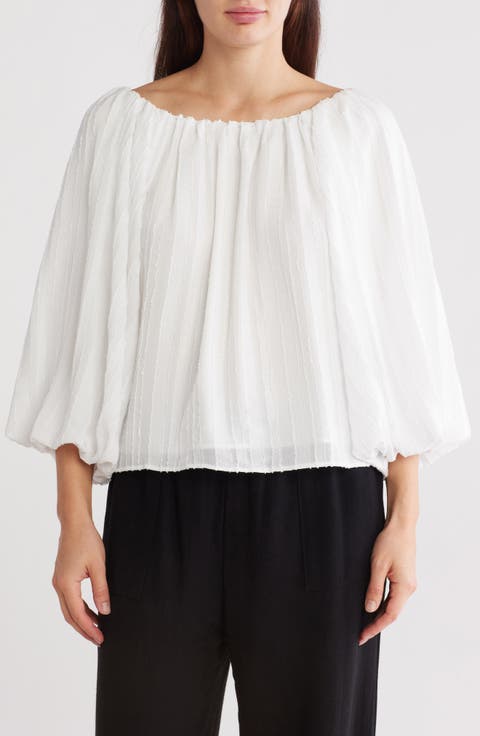 Semisheer Boat Neck Balloon Sleeve Top