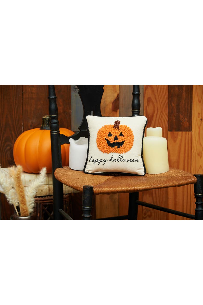 Jack O' Lantern "Happy Halloween" 8" x 8" Petite Accent Pillow, Alternate, color, Beige