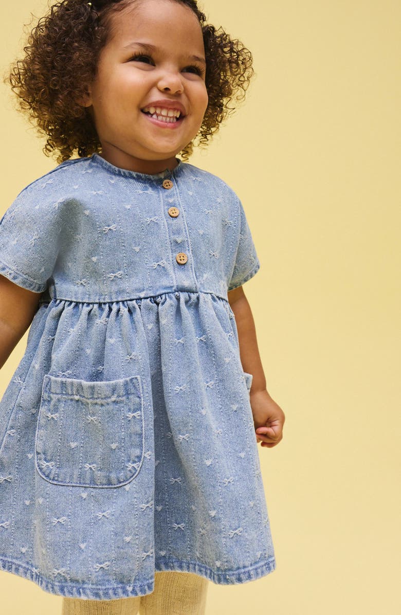 NEXT Kids' Bow Jacquard Denim Dress, Alternate, color, Blue