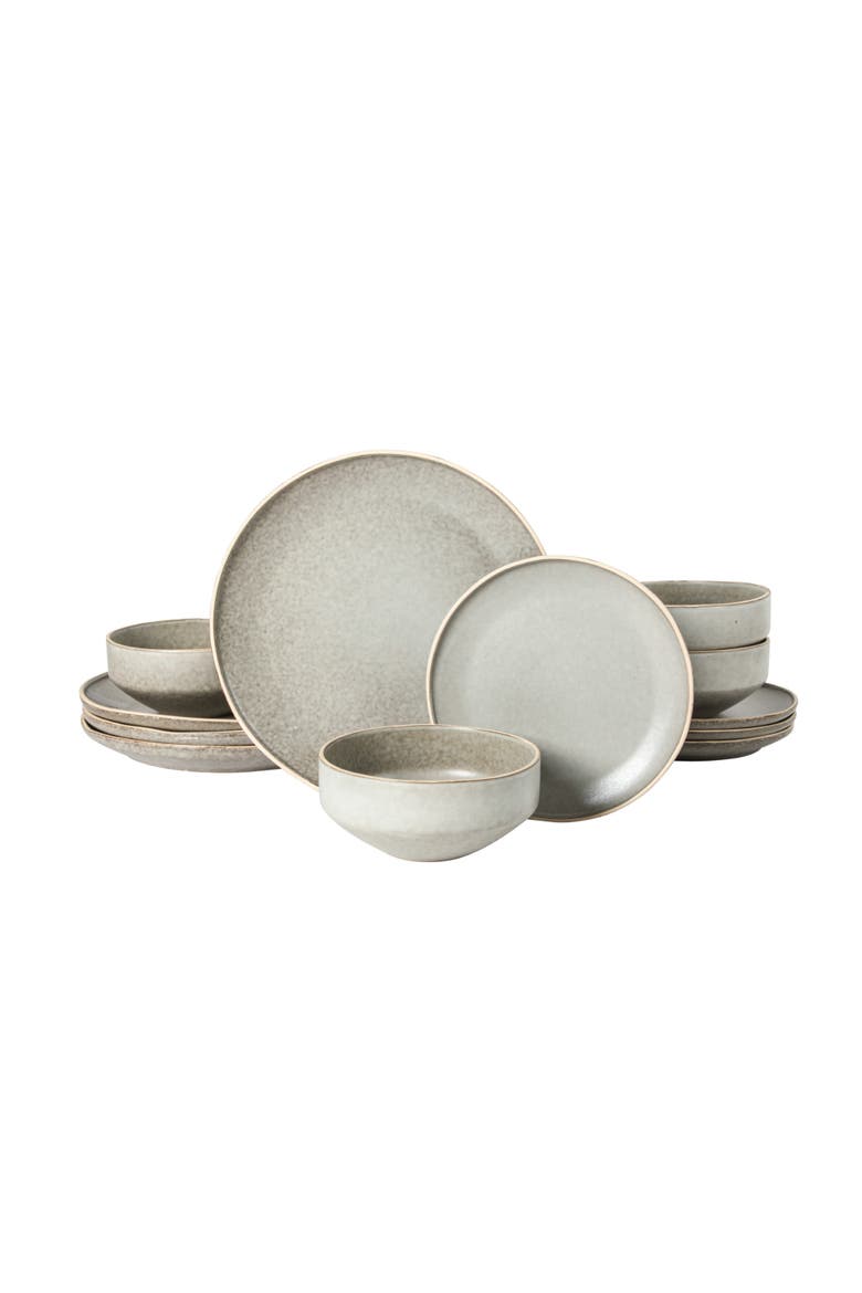 Plates and Bowls Set 12 Piece Matte Reactive Stoneware Dinnerware Set for 4, Main, color, Matte Grey