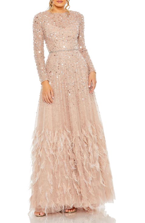 Petite Disc Embellished Sequin Gown with Feather Detail