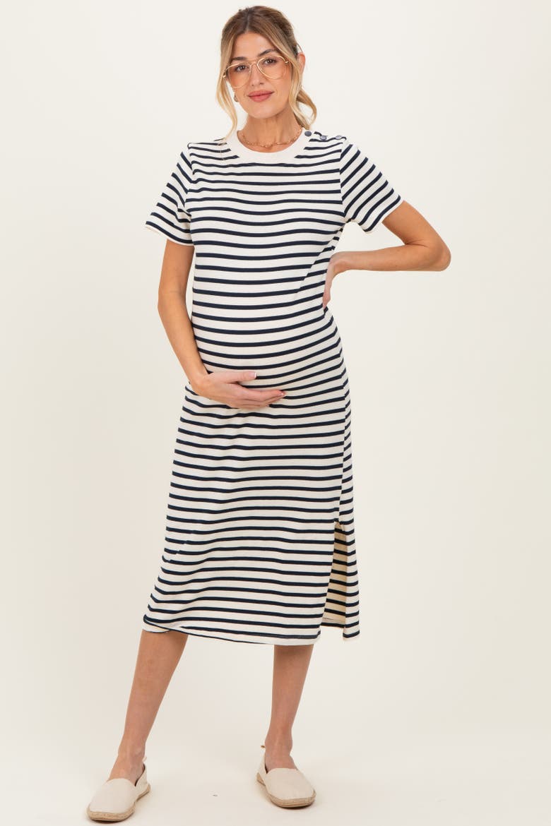 Striped Short Sleeve Midi Dress, Main, color, Navy Blue