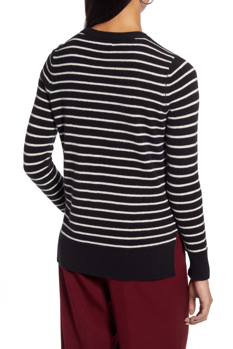 Crewneck Cashmere Sweater, Alternate, color, BLACK- IVORY UNEVEN STRIPE