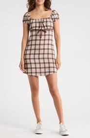 Madden Girl Plaid Puff Sleeve A-Line Minidress