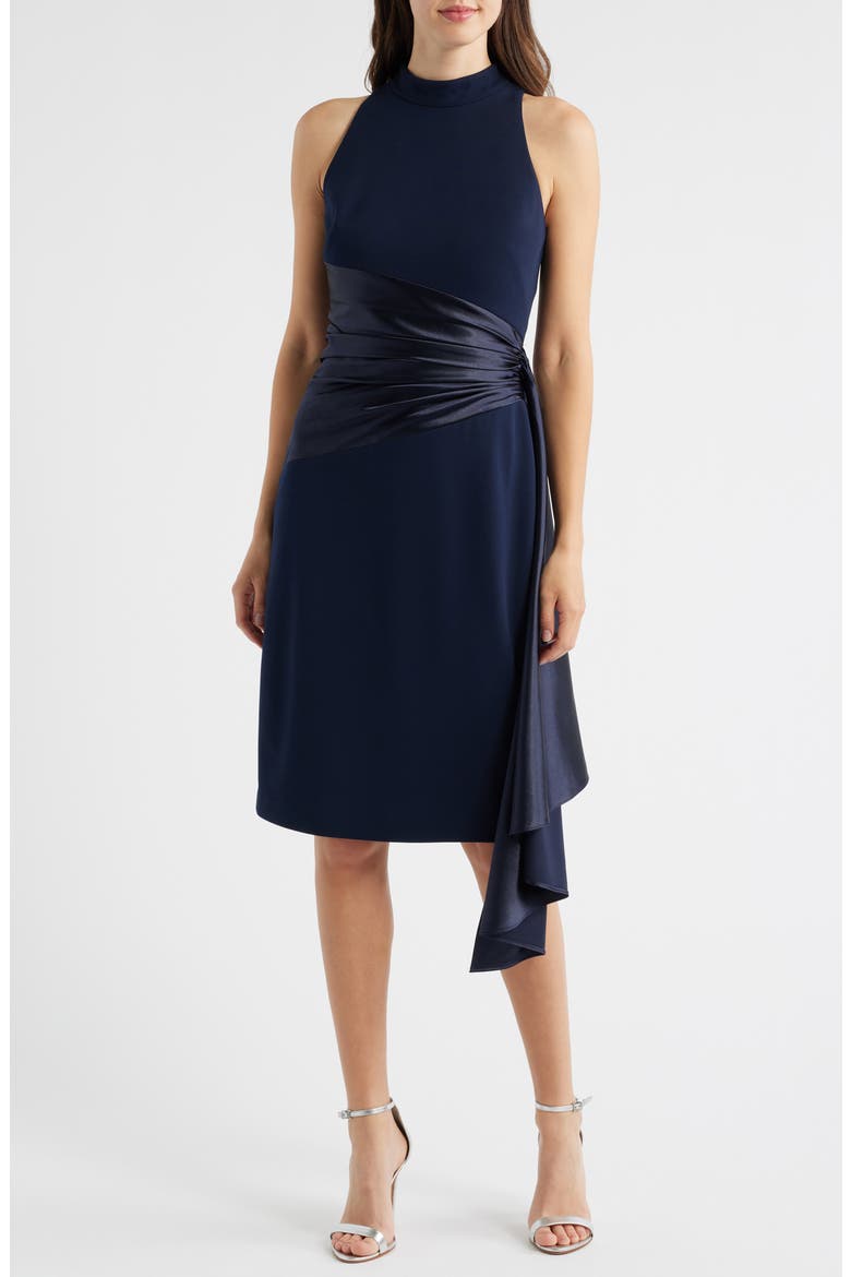 Mixed Media High Neck Cocktail Sheath Dress, Main, color, NAVY