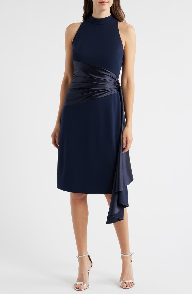 Eliza J Mixed Media High Neck Cocktail Sheath Dress, Main, color, Navy