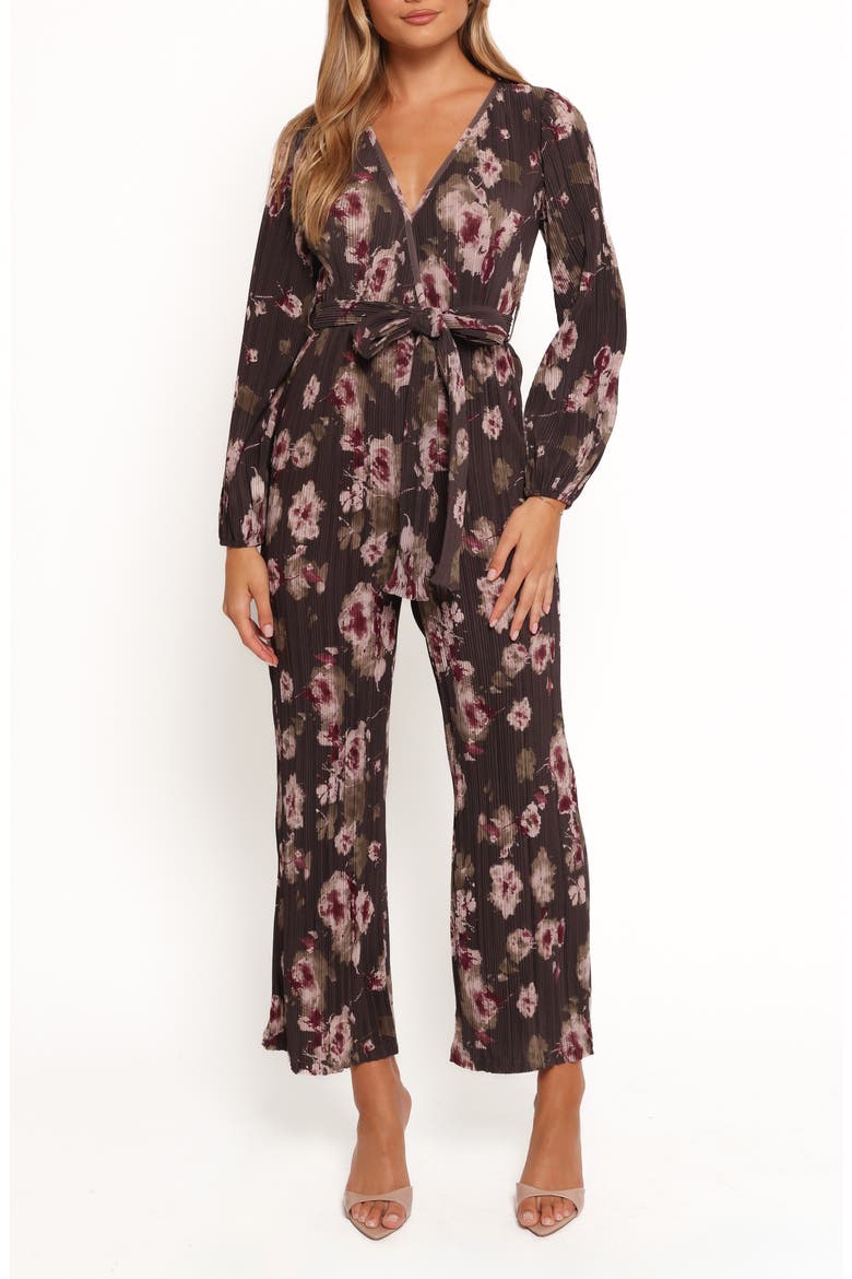 Solange Floral Long Sleeve Plissé Jumpsuit, Main, color, STEEL GREY FLORAL