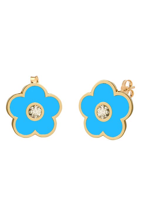 Agate & Cubic Zirconia Flower Stud Earrings