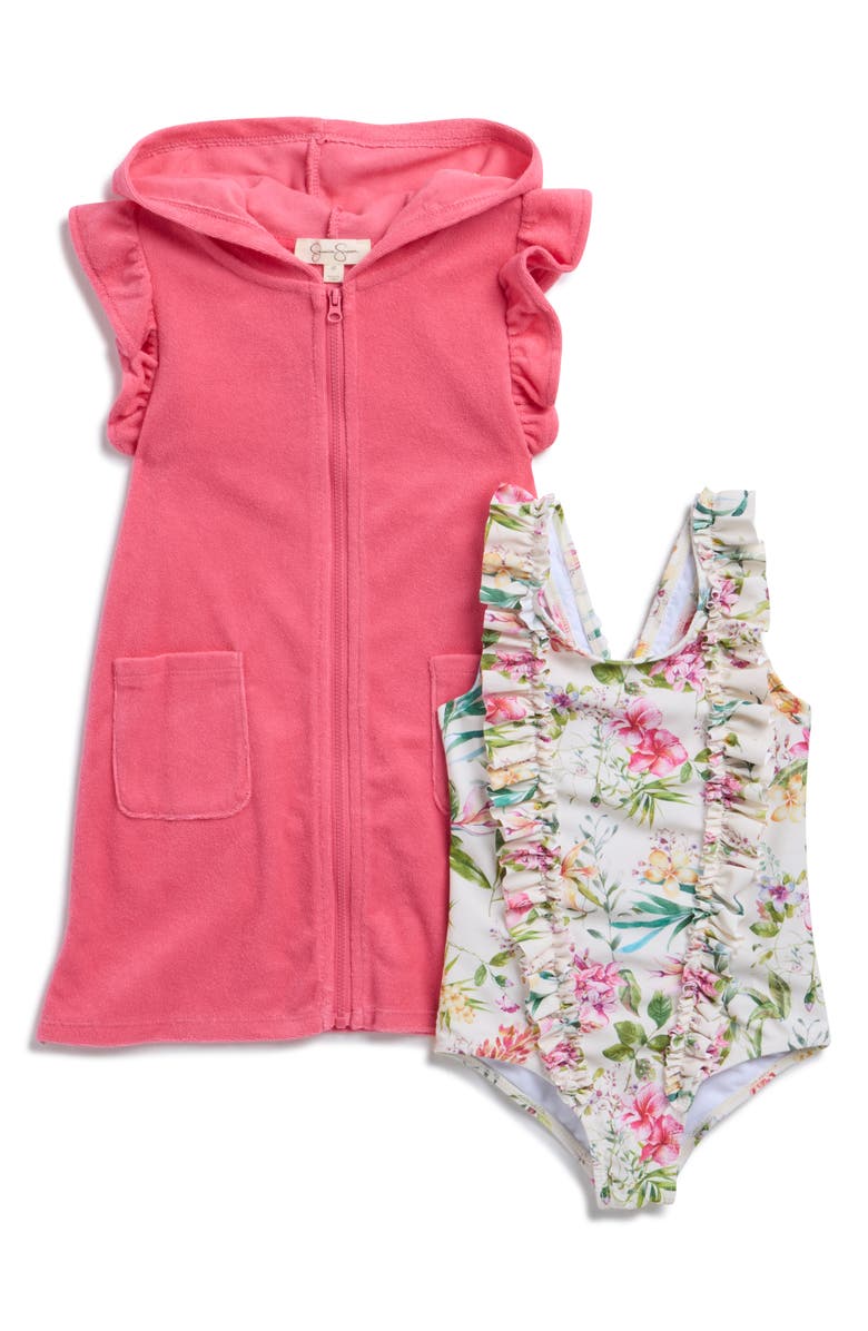 Jessica Simpson Kids' Ruffle Floral One-Piece Swimsuit & Towelling Terry Cover-Up Dress Set, Main, color, Floral