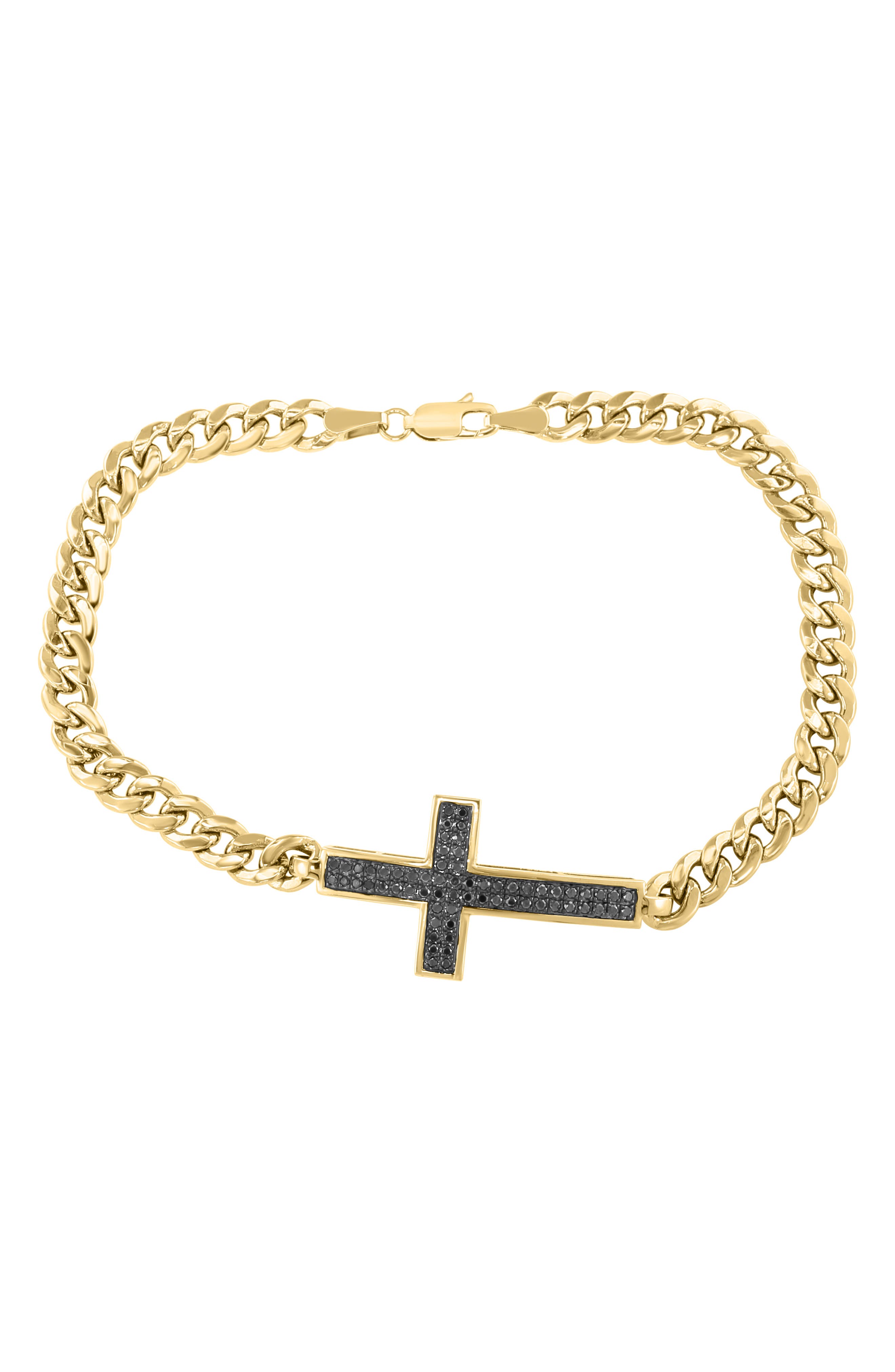 14k Gold Plated Black Diamond Cross Curb Chain Bracelet
