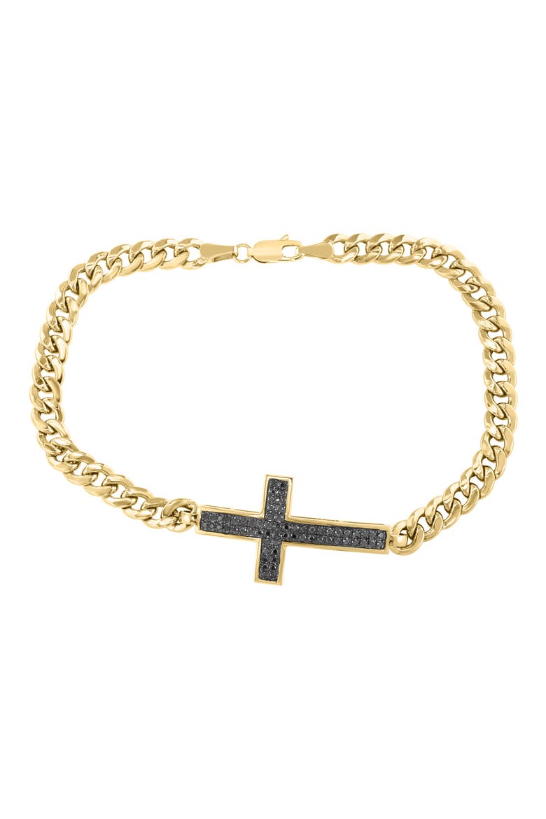14k Gold Plated Black Diamond Cross Curb Chain Bracelet, Main, color, GOLD