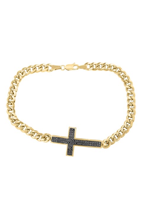14k Gold Plated Black Diamond Cross Curb Chain Bracelet