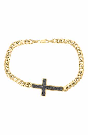 14k Gold Plated Black Diamond Cross Curb Chain Bracelet