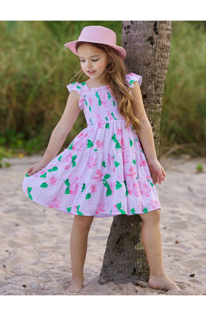 Mia Belle Girls Kids' Rose Garden Gingham Smocked Tiered Dress, Alternate, color, Pink