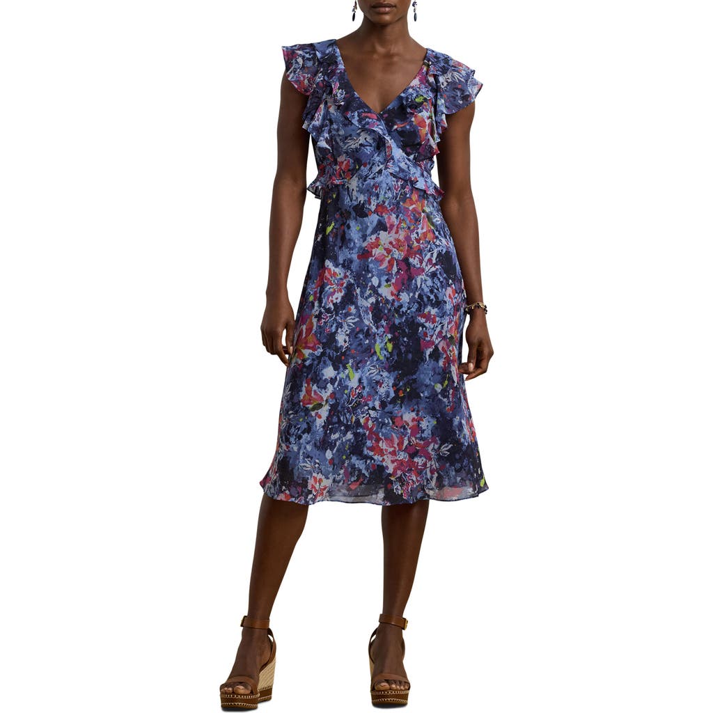 Ralph Lauren Petite Print Ruffle-trim Georgette Midi Dress In Blue