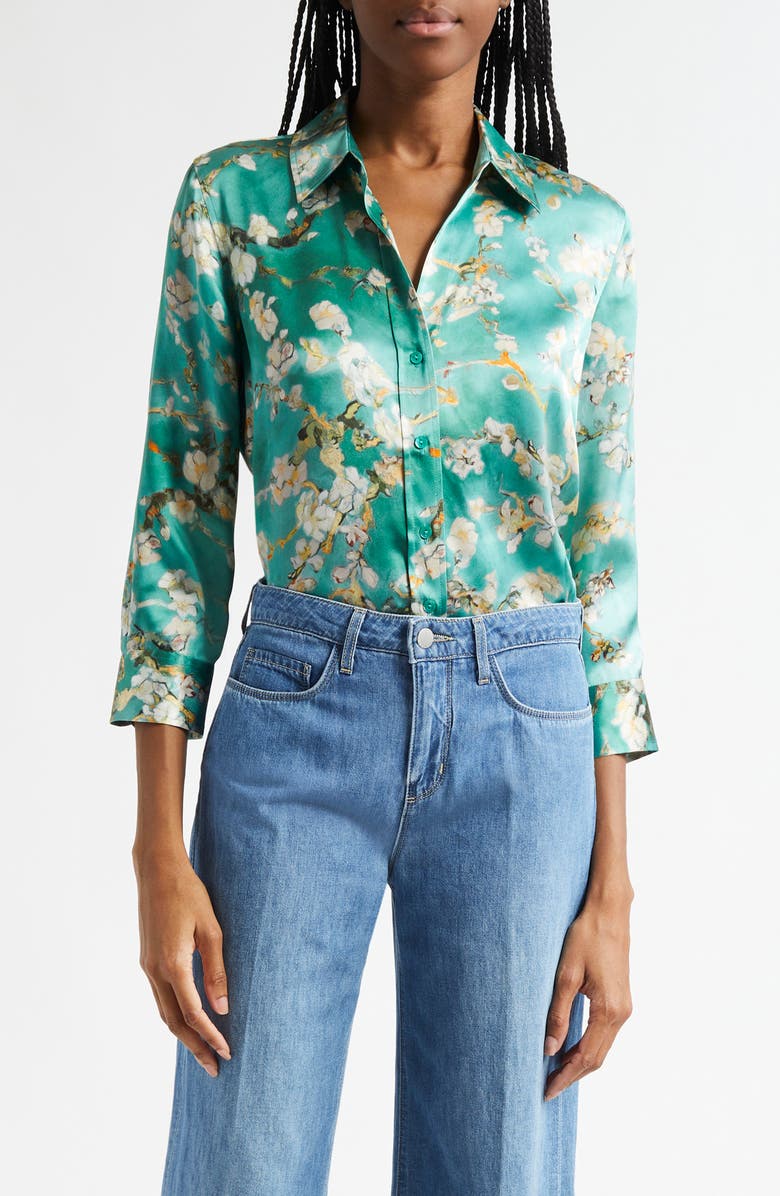 L'AGENCE Dani Cherry Blossom Print Silk Button-Up Shirt, Main, color, Teal Watercolor Cherry Blossom