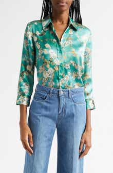 L'AGENCE Dani Cherry Blossom Print Silk Button-Up Shirt