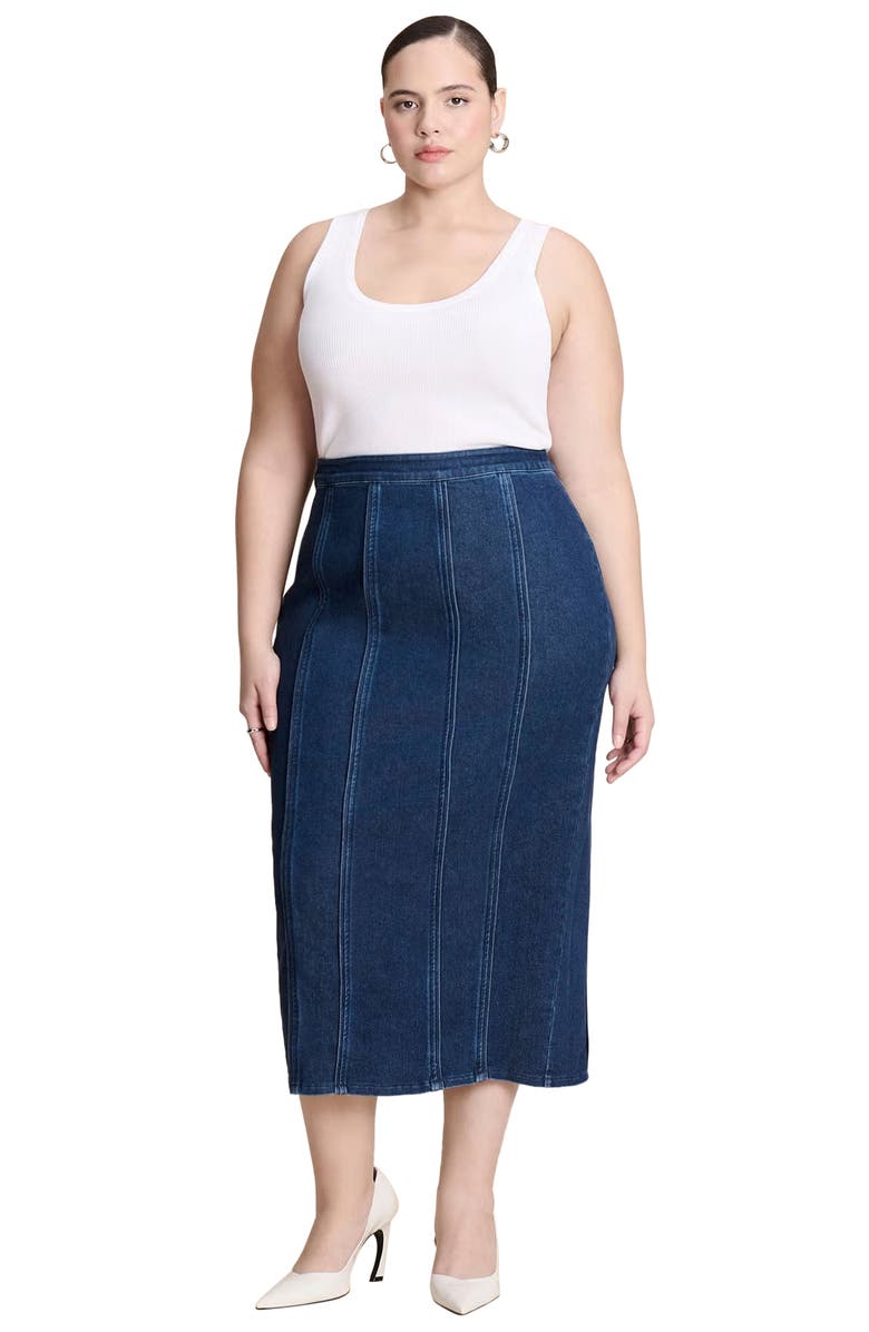 ELOQUII Seamed Denim Column Skirt, Main, color, Medium Wash