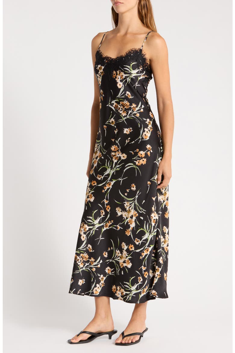 Lace Trim Satin Midi Dress, Alternate, color, BLACK/ GOLDEN