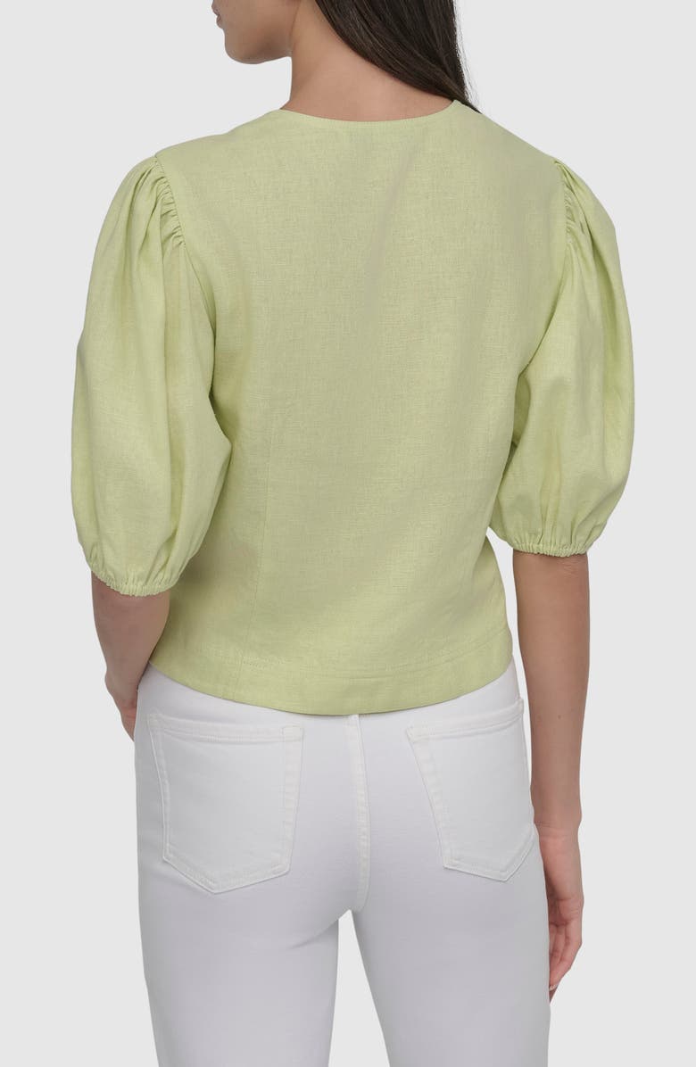 DKNY Front Zip Puff Sleeve Crop Linen Blend Top, Alternate, color, 