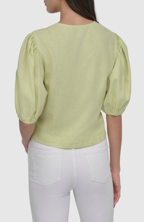Shop Dkny Front Zip Puff Sleeve Crop Linen Blend Top In Tea Green