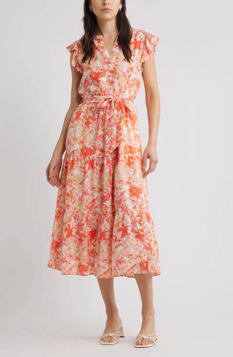 Print Ruffle Sleeve Tie Waist Midi Dress