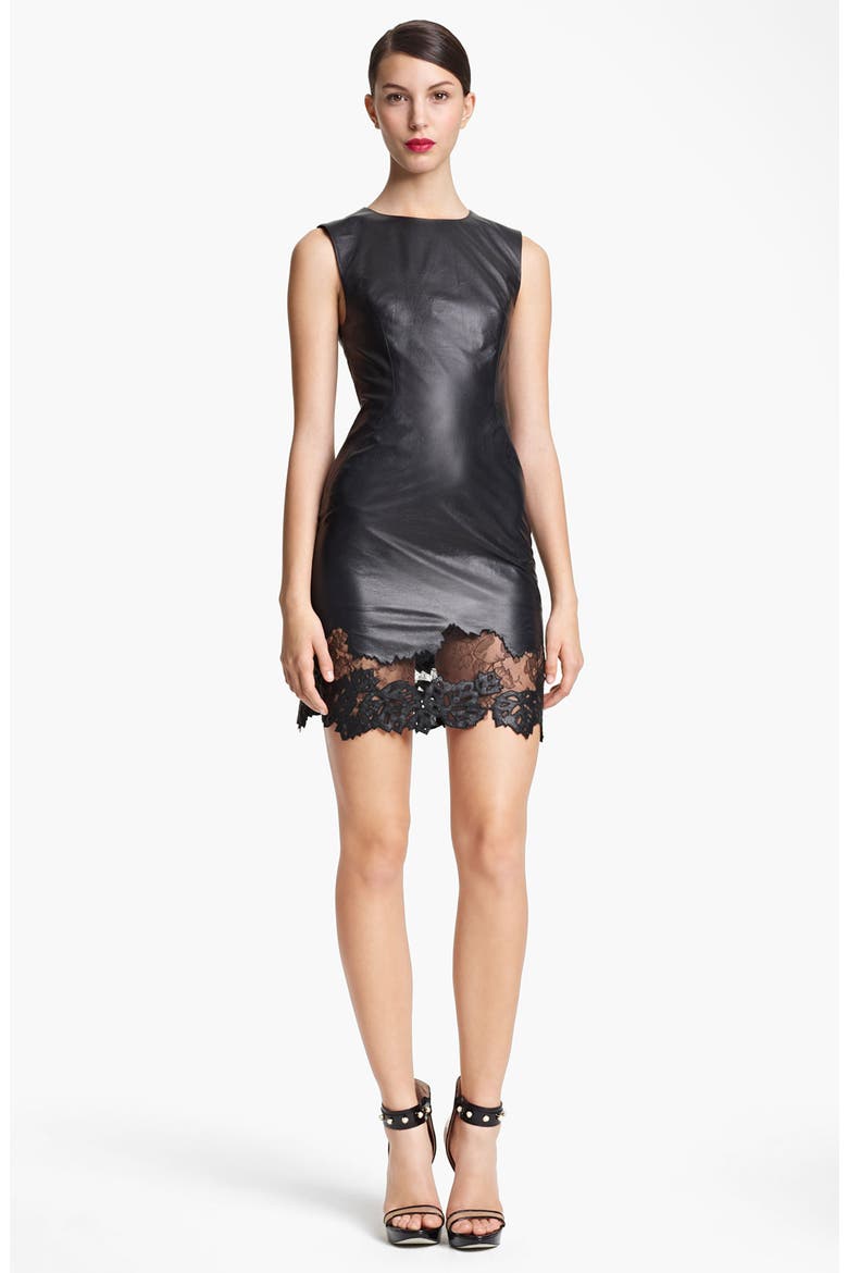 Lambskin Leather & Lace Sheath Dress, Main, color, BLACK