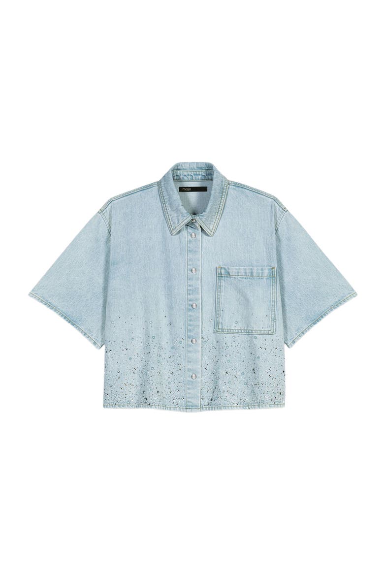 Cropped rhinestone denim shirt, Alternate, color, Blue sky