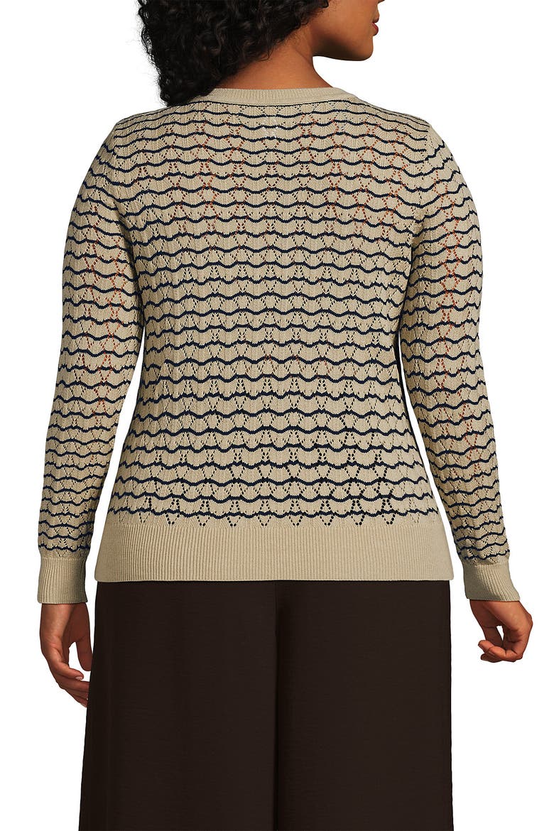 Plus Size Cotton Viscose Button Shoulder Modern Crew Sweater, Alternate, color, Champagne/Navy Stitch Stripe