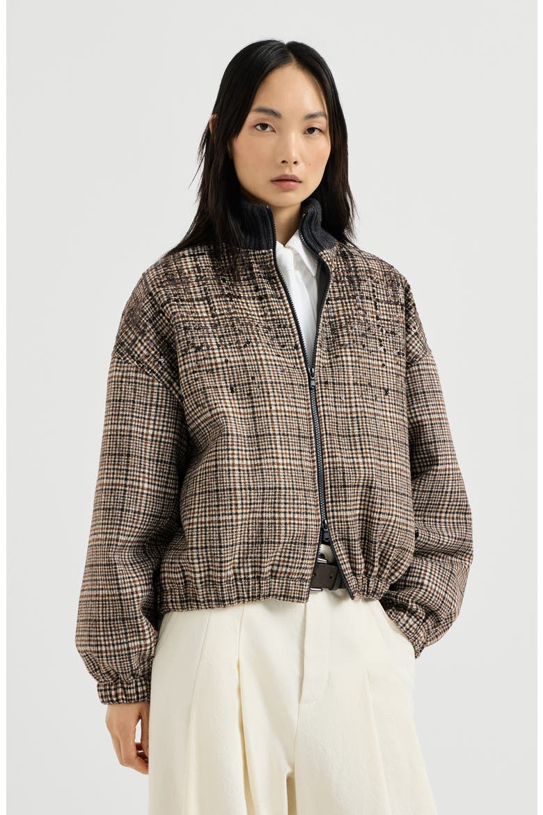 Checked alpaca and wool bomber jacket with dazzling degradé embroidery and Thermore® padding, Main, color, Brown