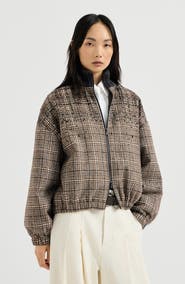 Brunello Cucinelli Checked alpaca and wool bomber jacket with dazzling degradé embroidery and Thermore® padding