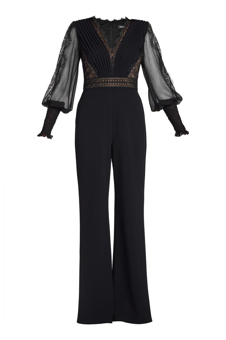 Pintuck Pleat Long Sleeve Jumpsuit, Alternate, color, BLACK/NUDE