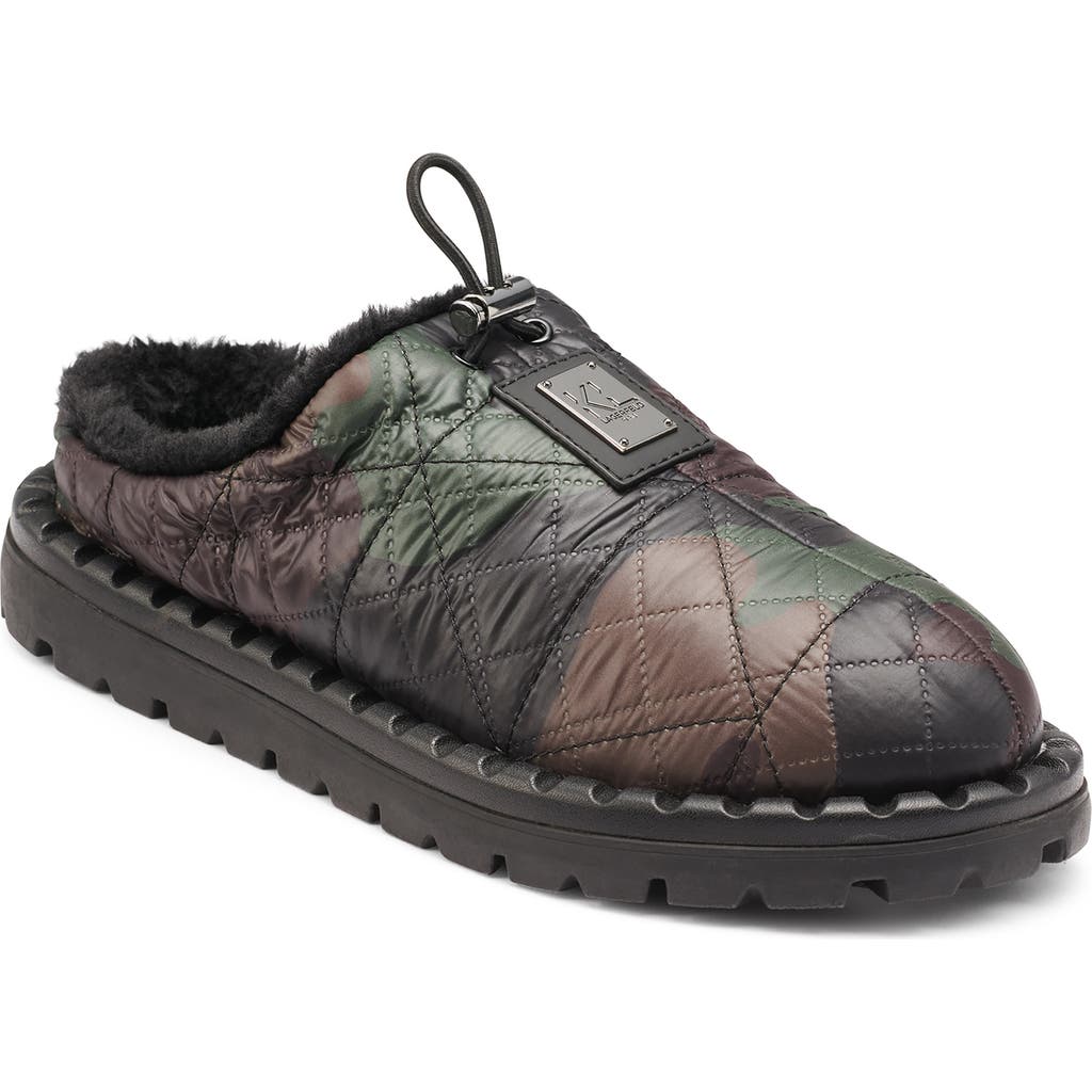 Karl Lagerfeld Paris Faux Fur Lined Quilted Nylon Camo Slipper In Green