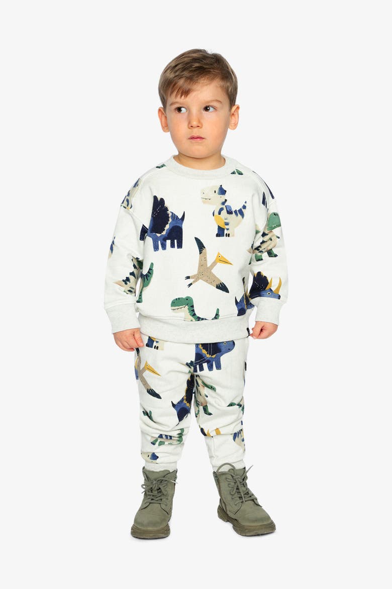 Fleece Dino Ribbed Cuffs Sweatshirt, Alternate, color, Beige Dinosaur Print